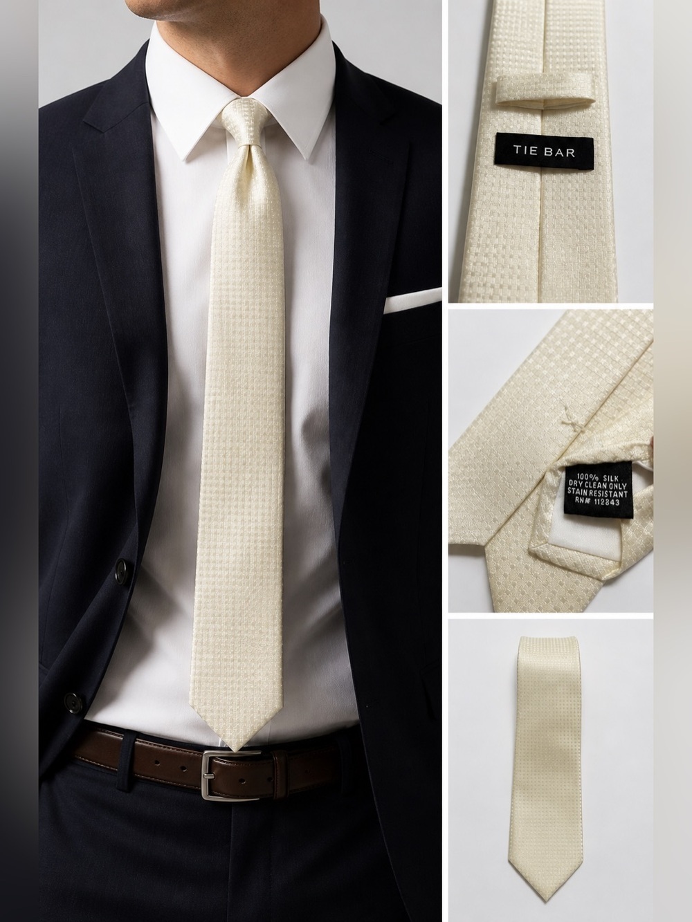 Tie Bar Ivory Silk Tie 60in Textured Classic 3in